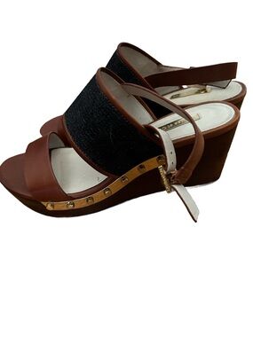 Brown Leather & Denim Platform Sandals with Gold Stud Trim. Size 8
